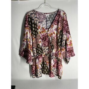 Andree by Unit Patchwork Floral Cinch Waist Faux Wrap Top Blouse Size 3X NEW